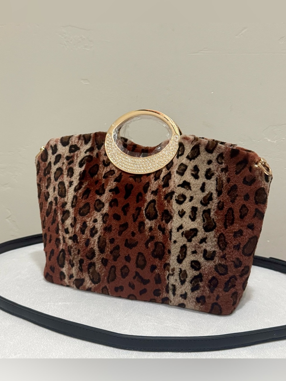Leopard Print Genuine Sheared Mink Fur, Rhinestone Handle Tote Bag, 2 Straps